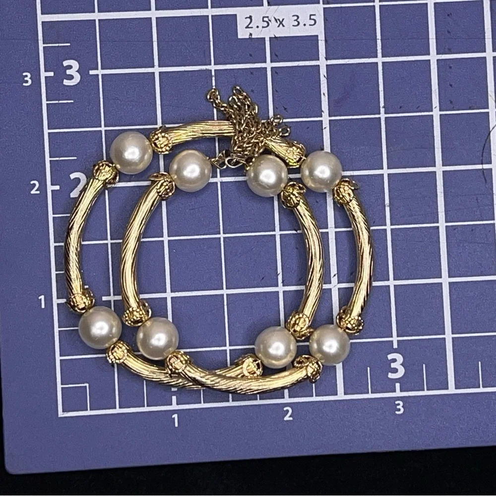 Vintage Gold Plated Wrap Memory Bracelet Tassels Faux Pearl Retro Glam Wedding